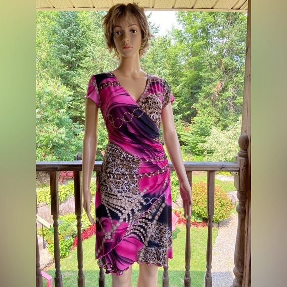 Vintage Joseph Ribkoff Y2K Chains Leopard Print Lettuce Hem Wrap Dress Size M - Picture 5 of 10